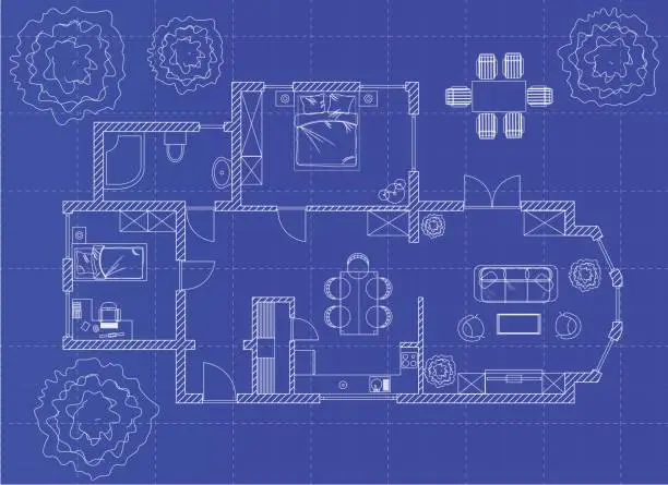 Vector illustration of White floor plan sketch of a house on millimeter paper.