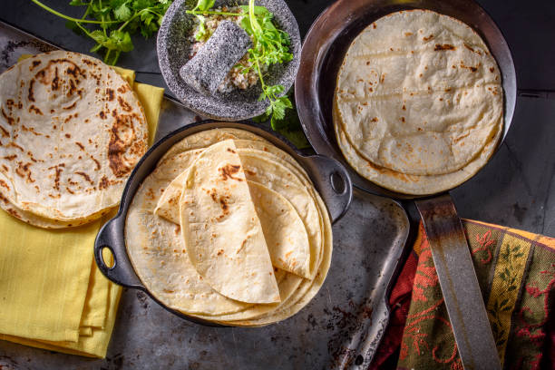 White Corn Tortilla Baked Tortilla tortilla flatbread stock pictures, royalty-free photos & images
