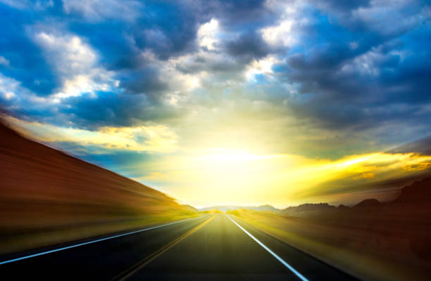 istock Desert Road at sunset with speed 689716624