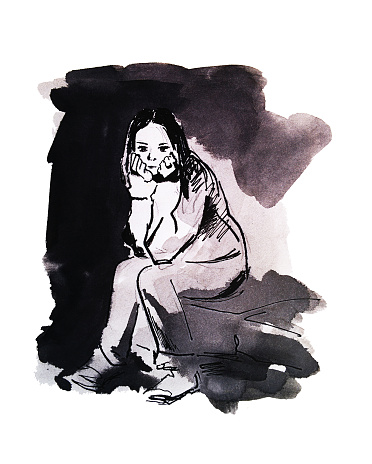 Sitting girl, hand drawing watercolor illustration