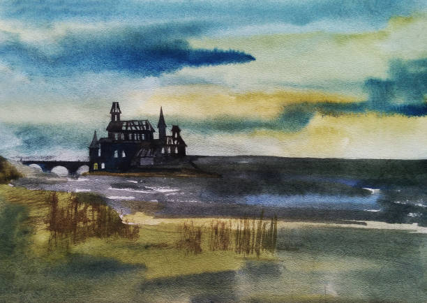 istock Abandoned castle on the island, hand drawing  watercolor illustration 689723074