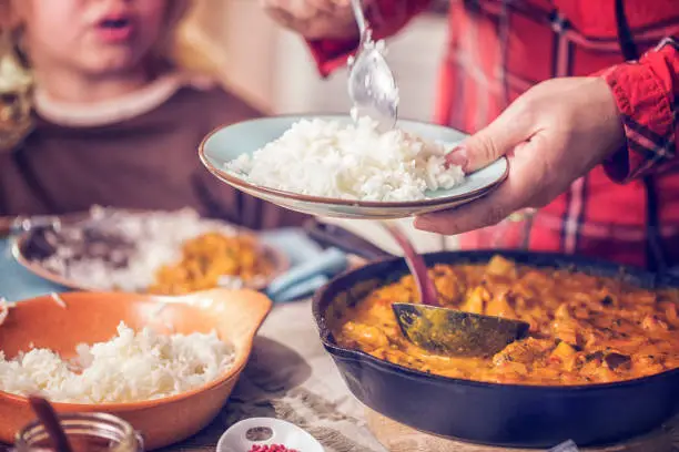 Photo of Eating Delicous Homemade Chicken Curry Dish with Rice