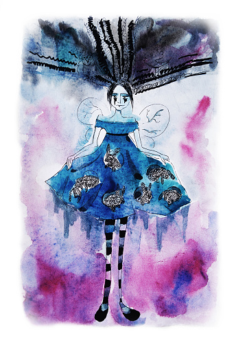 Fairy pixie, hand drawn watercolor illustration