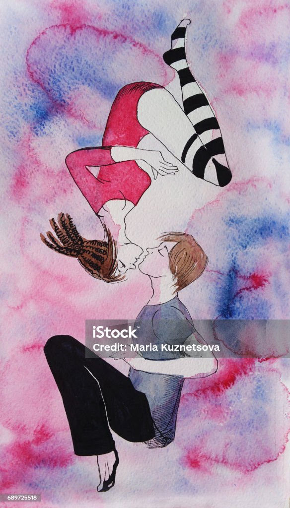 Kissing romantic couple, hand drawing watercolor illustration Couple - Relationship stock illustration