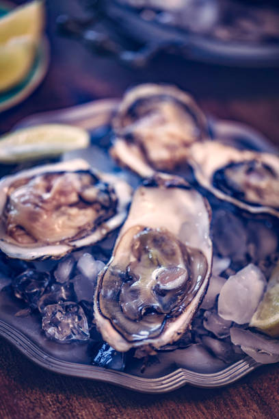 istock Oysters on plate with ice and lemon 689726064