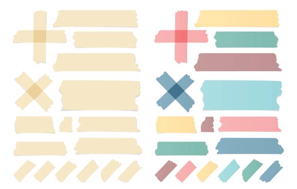 istock Set of colorful different size sticky, adhesive tape, banners pieces are stuck on white wall 689728806