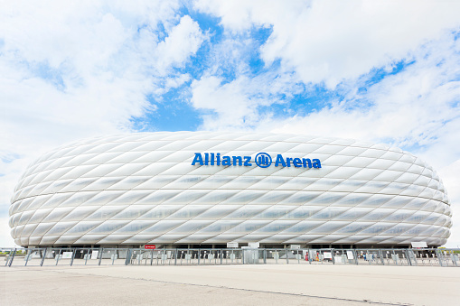 Soccer stadium Allianz Arena in Munich, Germany. The stadium has a 75,000 seating capacity. Widely known for its exterior of inflated ETFE plastic panels, it is the first stadium in the world with a full colour changing exterior. It is the second largest arena in Germany behind only Signal Iduna Park in Dortmund and home to FC Bayern Munich and TSV 1860 Munchen.