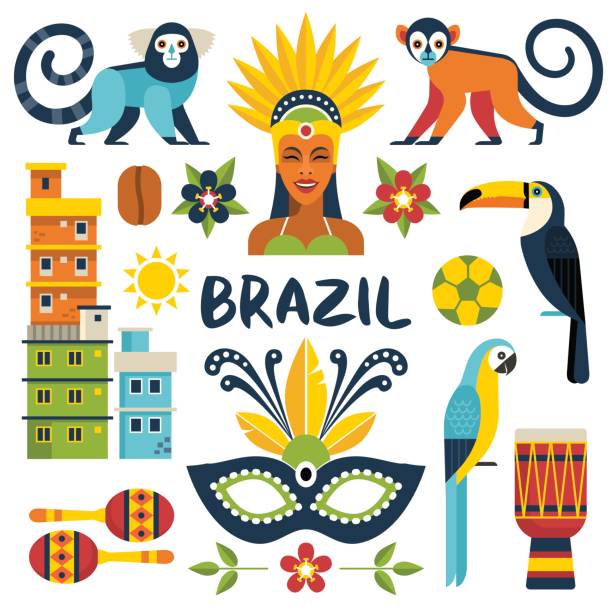 Brazil icons collection. Vector illustration with Brazilian culture and nature icons, including toucan, monkey, woman in carnival costume and shanty towns in trendy flat style. Isolated on white. toucan white background stock illustrations