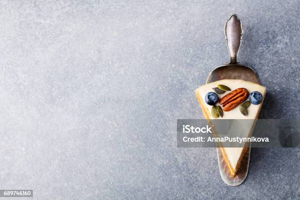 Vegan Carrot Cake Healthy Food Grey Stone Background Copy Space Top View Stock Photo - Download Image Now