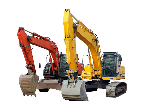 Modern Excavators Isolated On The White Stock Photo - Download Image Now -  Agricultural Machinery, Archaeology, Backhoe - iStock