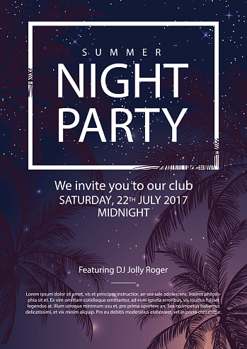 Summer party poster with palm trees. Night party