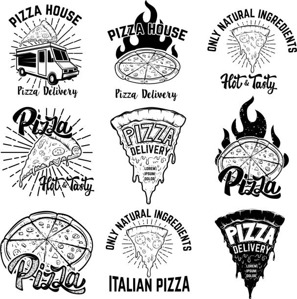 Pizza labels. Design elements for emblem, sign. Vector illustration. Pizza labels. Design elements for emblem, sign. Vector illustration. pizza slice stock illustrations