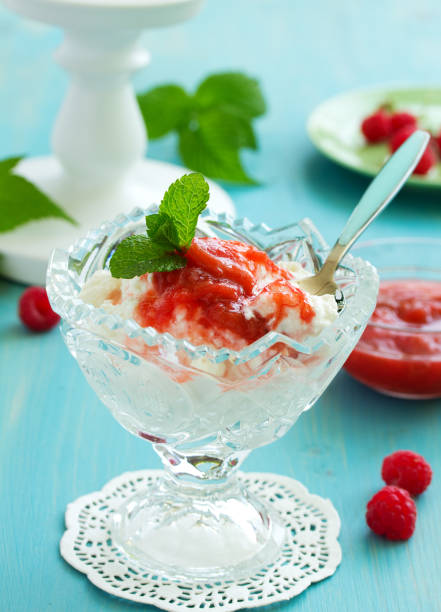 istock Dessert ricotta with homemade rhubarb compote. 689752520