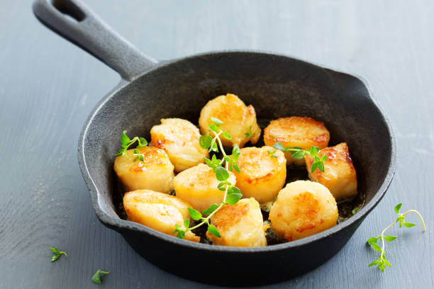 istock Scallops fried in cream sauce with herbs. 689756304