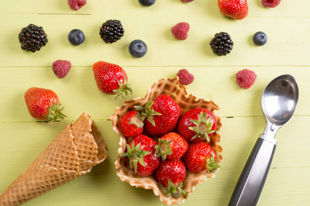 istock Fresh fruits for ice cream on table 689766472