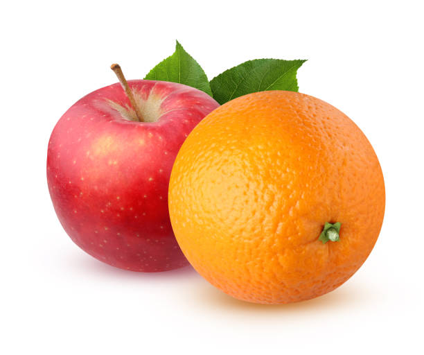 istock Orange and Apple with leaves, isolated on white background. 689771144