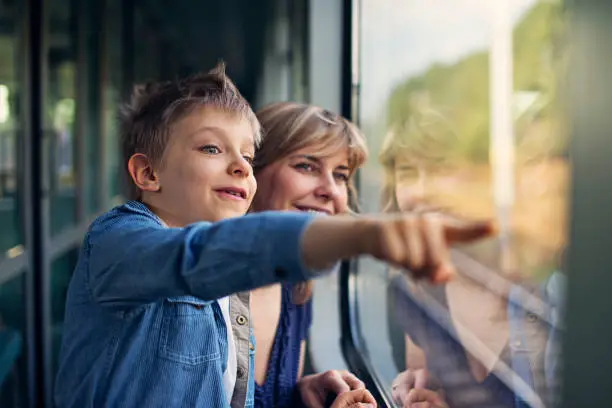 Photo of Happy little boy travelling on train with mother