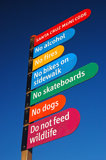 The town of Santa Cruz, California displays their rules and regulations on colorful signs for all to see