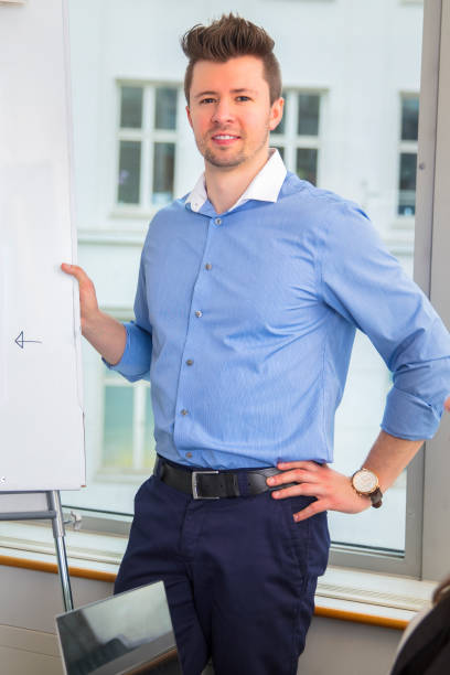 istock Businessman Standing With Hand On Hip By Flipchart 689777814