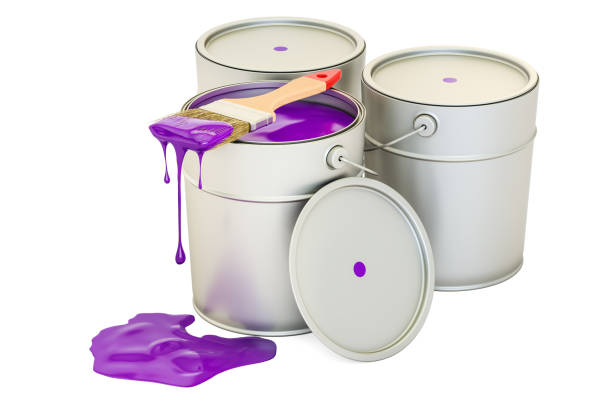 lattine con vernice e pennello viola, rendering 3d isolato su sfondo bianco - paintbrush paint paint can drop foto e immagini stock