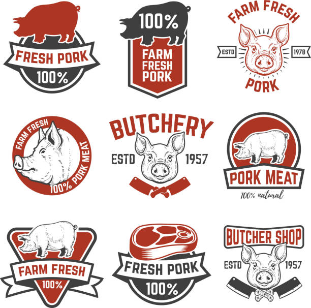 ilustrações de stock, clip art, desenhos animados e ícones de farm fresh pork meat emblems. design elements for label, sign. vector illustration. - pig pork meat barbecue