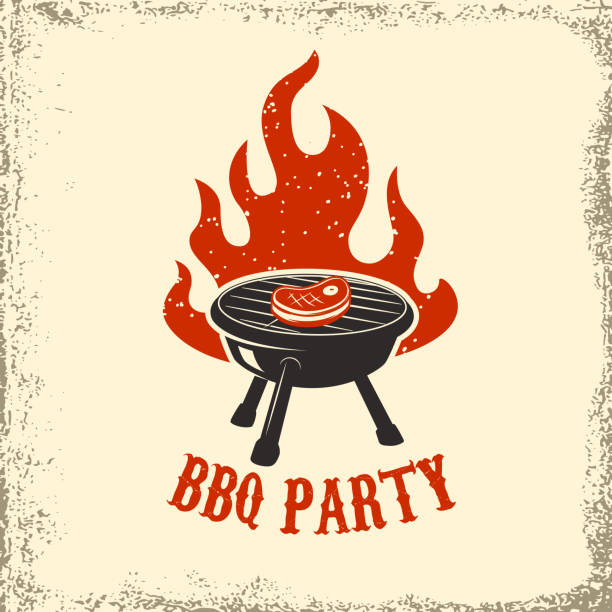 ilustraciones, imágenes clip art, dibujos animados e iconos de stock de fiesta de la barbacoa. parrilla con fuego sobre fondo grunge. elemento de diseño para el cartel, menú del restaurante. ilustración de vector. - steak meat barbecue vector