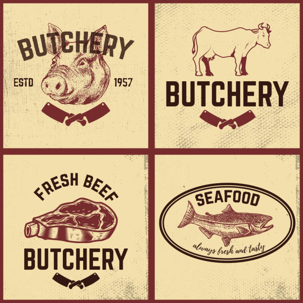 illustrations, cliparts, dessins animés et icônes de ensemble de boucherie, de magasin de viande, de fruits de mer affiches. éléments de design pour le menu du restaurant. illustration vectorielle. - butcher butchers shop meat store