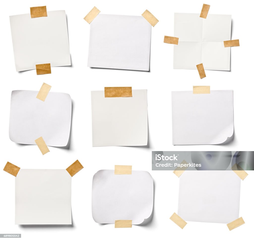 white note paper office business collection of  various white note papers on white background. each one is shot separately Adhesive Tape Stock Photo