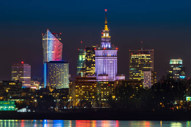 Night panorama of Warsaw stock photo