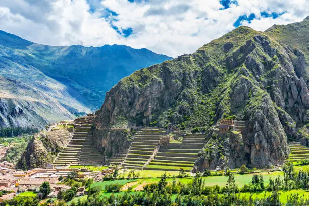Inca Fortress with Terraces and Temple Hill in Ollantaytambo, Peru. Ollantaytambo was the royal estate of Emperor Pachacuti who conquered the region