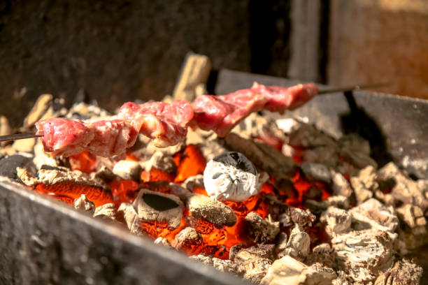 istock Shish kebab roasting over the red coals on the grill, barbecue. 689809140