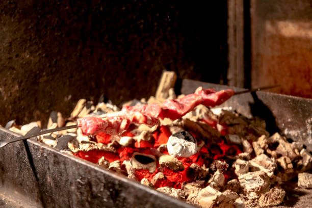 istock Shish kebab roasting over the red coals on the grill, barbecue. 689809142