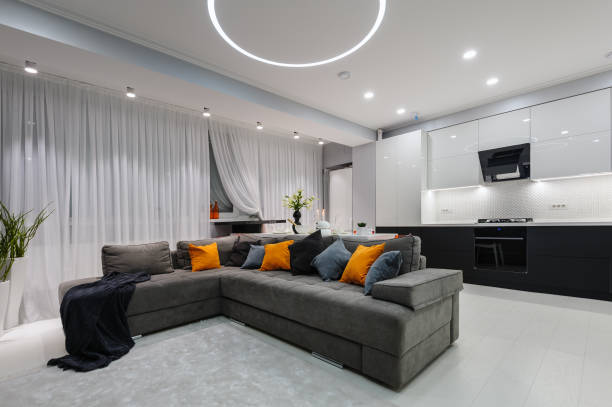 Modern white kitchen and living room