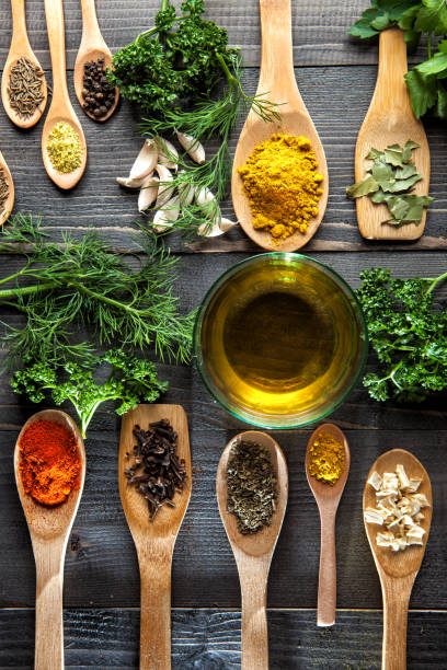 istock Various spice on wooden spoons with herbs 689818824