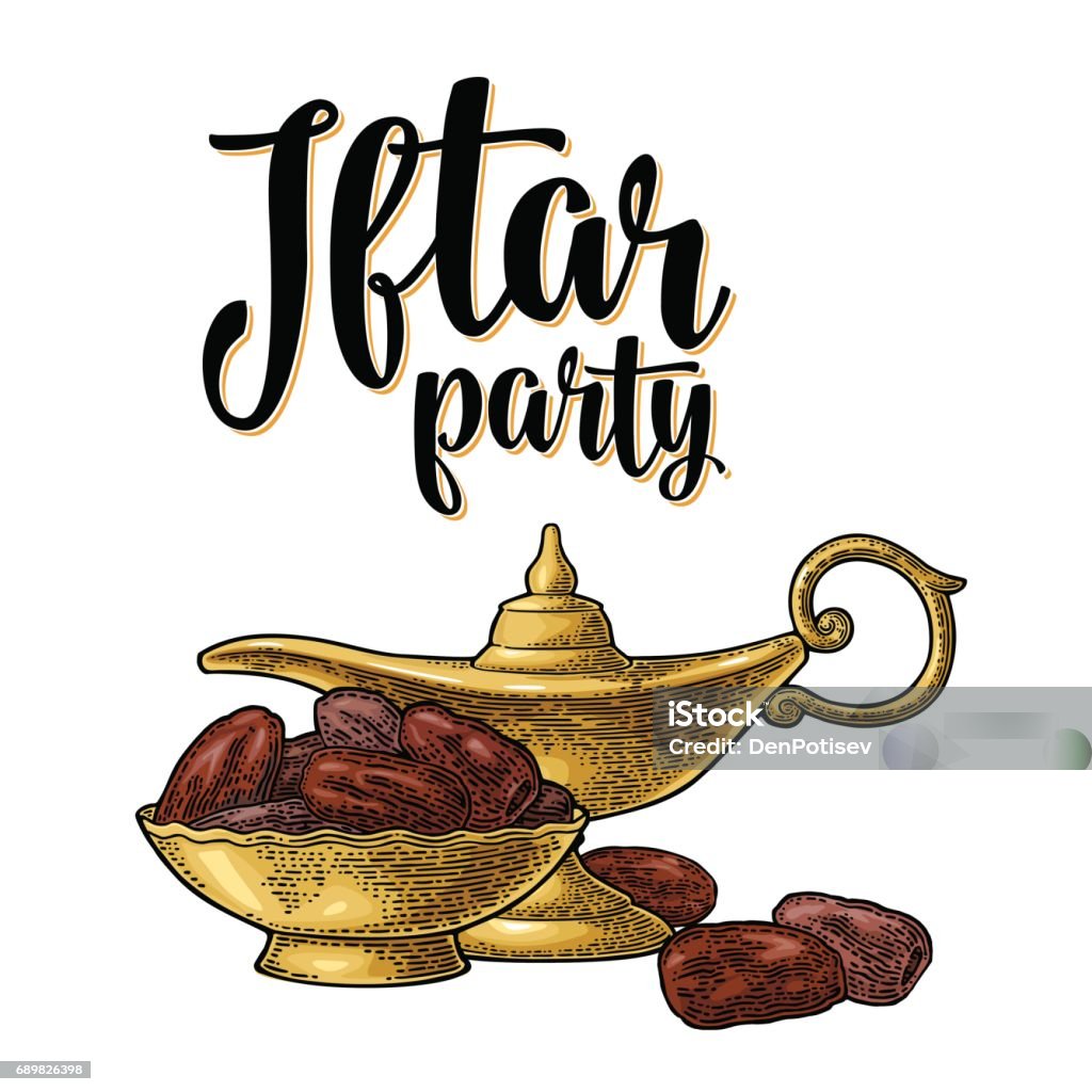 Sweet dates fruit in the bowl. Vector black vintage engraving Sweet dates fruit in the metal bowl and aladdin lamp. Iftar party lettering. Vector color vintage engraving illustration isolated on a white background. For poster or banner Ramadan kareem. Arabia stock vector