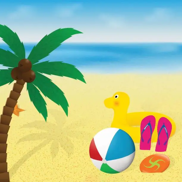 Vector illustration of Summer vacation banner design. Palm tree, beachball, flip flops, rubber duck and flying disk on a tropical sea beach.