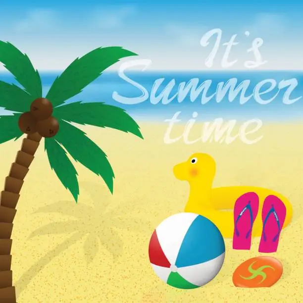 Vector illustration of Greeting card with lettering. Summer vacation banner design. Palm tree, beachball and flying disk on a sea beach.