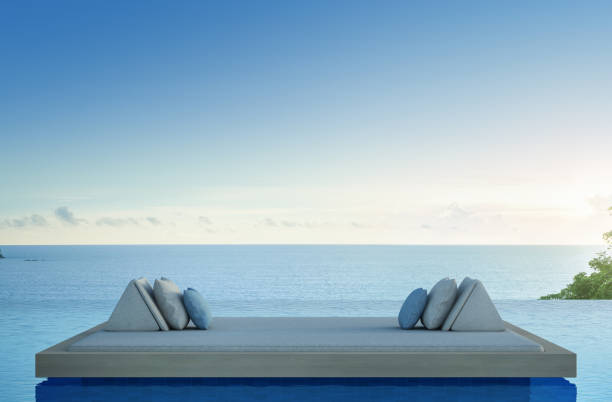Photo of Kalim bay, Phuket, Thailand combine with 3d rendering of lounge and pool