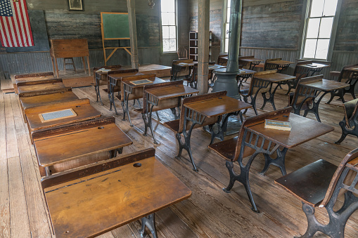 Interior classrom and desks of old one room schoolhouse
