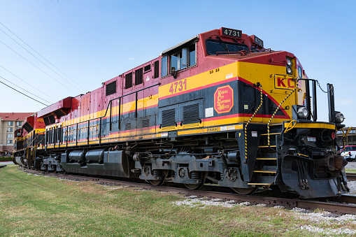 Kansas City Southern de Mexico railroad locomotive parked in Forth Worth, Texas on May 11, 2017