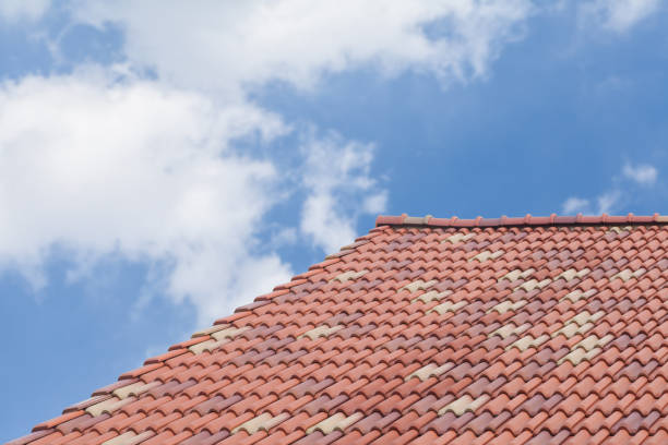 istock Brown roof tiles with blue sky background 689853446