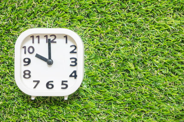 istock Closeup white clock for decorate in 10 o'clock on green artificial grass floor textured background with copy space 689863250