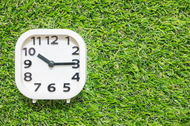 istock Closeup white clock for decorate show a quarter past ten or 10:15 a.m. on green artificial grass floor textured background with copy space 689863420
