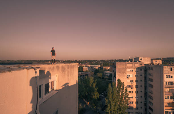 istock Man standing on rooftop, buildings, landscape 689863814