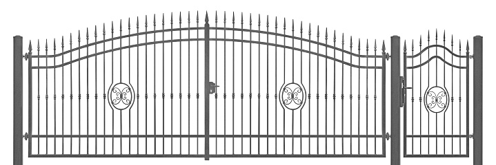 Forged decorative pedestrian and transportation mansion gate vintage entrance detail, isolated horizontal large detailed dark grey silhouette closeup, wrought iron fleur-de-lis lattice