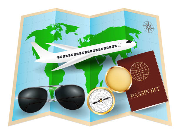 ilustraciones, imágenes clip art, dibujos animados e iconos de stock de mapa del mundo con avión pasaporte brújula de gafas de sol - celebración de despedida