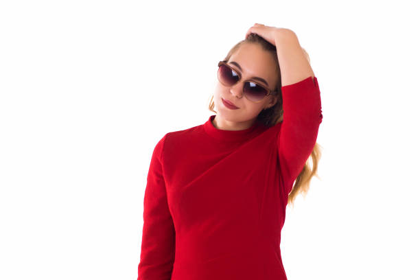 istock Young pretty woman, sunglasses, white background 689867412