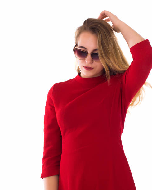 istock Young pretty woman, sunglasses, white background 689867416