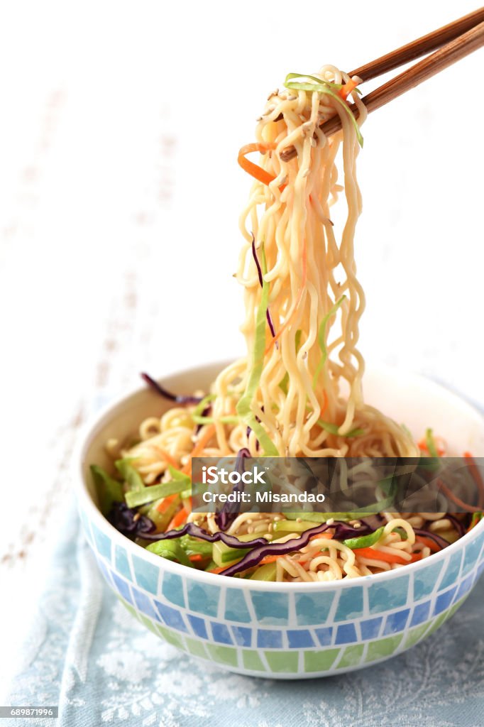 Noodle Salad with Mixed Veggies ramen noodle, carrot, cucumber, Tamari sauce, healthy Canada Stock Photo