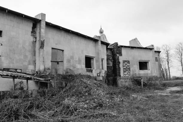 istock Old abandoned building in Ukraine. Black and white tone 689879450